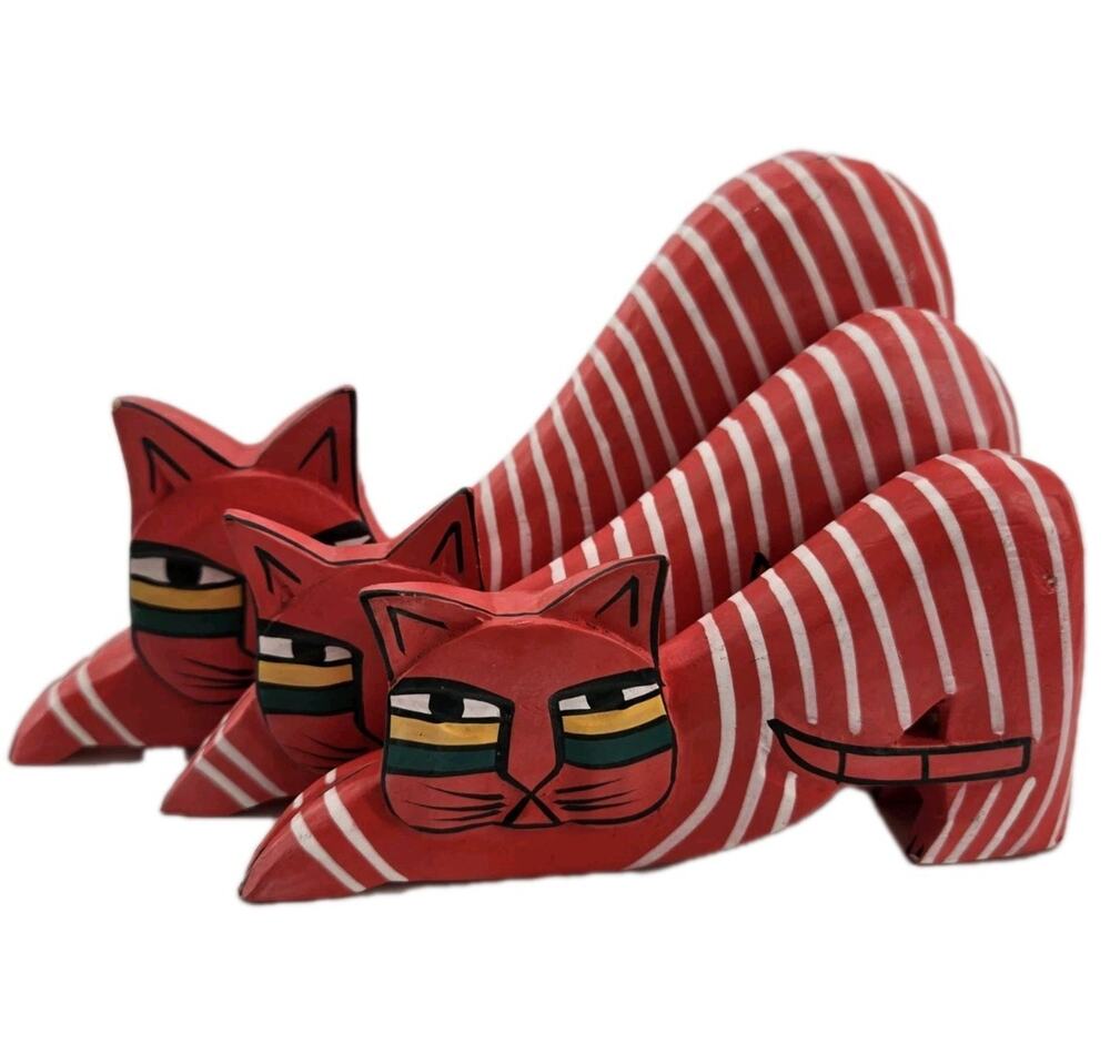 3 Folk Art Abstract Red Wooden Painted Cats Fun Haus Kittys Set